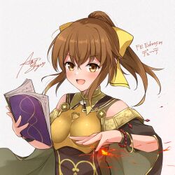 1girl :d ameno_sagiri_(artist) armor book bow breastplate brown_eyes brown_hair cape delthea_(fire_emblem) fang fire_emblem fire_emblem_echoes:_shadows_of_valentia hair_between_eyes hair_bow holding holding_book long_hair looking_at_viewer magic nintendo open_book open_mouth ponytail signature skin_fang smile solo upper_body yellow_bow