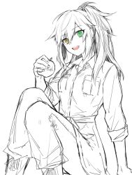 Rule 34 | 1girl, :d, apple, boots, breasts, collared shirt, commentary, dodome ichika, feet out of frame, food, fruit, hair between eyes, heterochromia, high ponytail, holding, holding food, holding fruit, long hair, looking at viewer, messy hair, open mouth, original, sash, shirt, sidelocks, silver hair, simple background, sitting, sleeves rolled up, small breasts, smile, solo, spot color, waka (shark waka), white background