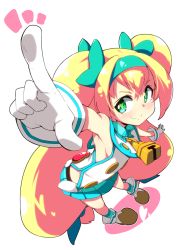 Rule 34 | 1girl, arm up, armpits, bell, blazblue, blonde hair, boots, foreshortening, gloves, hairband, kaname nagi, kneehighs, long hair, outstretched arms, platinum the trinity, pointing, quad tails, ribbon, shirt, skirt, sleeveless, smile, socks, solo, two side up, very long hair