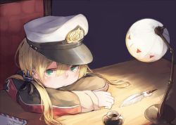 Rule 34 | 10s, 1girl, :/, airmail envelope, anchor hair ornament, blonde hair, chair, head rest, crossed arms, desk, desk lamp, green eyes, hair ornament, hat, inkwell, kantai collection, lamp, long hair, looking at viewer, makihitsuji, military, military uniform, peaked cap, prinz eugen (kancolle), quill, solo, twintails, uniform