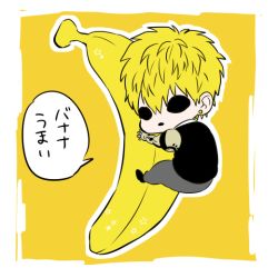 Rule 34 | 1boy, android, banana, black sclera, blonde hair, chibi, colored sclera, dokkoi shoo, earrings, flat color, food, fruit, genos, hug, jewelry, male focus, mini person, miniboy, one-punch man, solo, translated