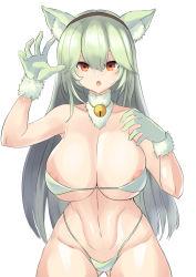 Rule 34 | 1girl, animal ear fluff, animal ears, areola slip, bad id, bad pixiv id, banshee (last origin), bikini, breasts, cat ears, claw pose, covered erect nipples, fake animal ears, gloves, hair between eyes, highres, large breasts, last origin, light green hair, micro bikini, navel, open mouth, rankketer, red eyes, simple background, solo, swimsuit, thighs, white background, wide hips