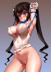 Rule 34 | 10s, 1girl, arm ribbon, armpits, arms behind head, arms up, as109, bell, black hair, blue eyes, blue ribbon, blush, bottomless, breasts, cleavage, cleavage cutout, cleft of venus, clothing cutout, colored eyelashes, covered erect nipples, dress, dungeon ni deai wo motomeru no wa machigatteiru darou ka, embarrassed, female focus, gloves, gradient background, hair bell, hair ornament, hair ribbon, hestia (danmachi), highres, large breasts, long hair, looking at viewer, navel, no panties, nude filter, pussy, rei no himo, ribbon, short dress, smile, solo, standing, tears, third-party edit, twintails, uncensored, white dress, white gloves, wide-eyed