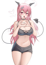 Rule 34 | 1girl, :o, absurdres, ahoge, armpit crease, bare arms, bare shoulders, black bra, black choker, black shorts, bra, breasts, choker, cleavage, cowboy shot, demon girl, demon horns, demon tail, ear piercing, hair ornament, hairclip, heart, heart hands, heavy breathing, highres, horns, large breasts, long hair, looking at viewer, mole, mole under eye, nail polish, navel, open mouth, original, parfait desu, parfy (parfait ehmy), piercing, pink eyes, pink hair, short shorts, shorts, solo, spaghetti strap, stomach, string bra, tail, thighs, tongue, tongue out, underwear