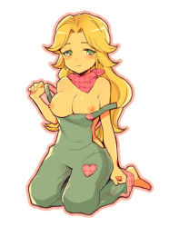 Rule 34 | 1girl, bad id, bad pixiv id, bare shoulders, blonde hair, blush, breasts, collarbone, green eyes, heart, kneeling, large breasts, long hair, looking at viewer, naked overalls, nipples, original, outline, overalls, simple background, smile, solo, white background, zagu (grape garden)