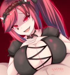 Rule 34 | 1boy, 1girl, breast suppress, breasts, breasts squeezed together, character request, choker, facepaint, fang, glowing, glowing eyes, headband, large breasts, level drain, looking at viewer, paizuri, paizuri under clothes, ponytail, pov, red eyes, red hair, renetan