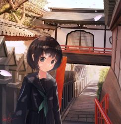 Rule 34 | 1girl, absurdres, architecture, banishment, black eyes, black hair, blurry, blush, cherry blossoms, dappled sunlight, depth of field, east asian architecture, highres, long sleeves, looking at viewer, original, pleated skirt, railing, school uniform, serafuku, short hair, skirt, smile, solo, stairs, sunlight, tile roof, tree