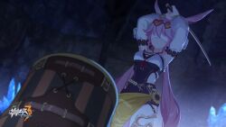 Rule 34 | animal ears, arms up, blindfold, breasts, cave interior, chinese commentary, cleavage, closed mouth, flower, heart, heart-shaped eyewear, highres, holding, holding sword, holding weapon, honkai (series), honkai impact 3rd, imminent hit, indoors, large breasts, logo, long hair, official alternate costume, official art, official wallpaper, pink hair, rabbit ears, standing, sunflower, sword, very long hair, weapon, white blindfold, white sleeves, yae sakura, yae sakura (goushinnso memento)