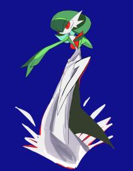 Rule 34 | 1girl, absurdres, blue background, closed mouth, colored skin, creatures (company), female focus, flat chest, full body, game freak, gardevoir, gen 3 pokemon, green hair, green skin, hair over one eye, hand up, happy, highres, leg up, multicolored skin, nintendo, one eye covered, outstretched arm, pokemon, pokemon (creature), red eyes, short hair, simple background, smile, solo, standing, standing on one leg, takashi (pixiv 80298118), two-tone skin, white skin