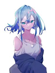 Rule 34 | 1girl, bare shoulders, black jacket, blue eyes, blue hair, blush, closed mouth, dress, hair between eyes, highres, jacket, light blue hair, looking at viewer, multicolored hair, off shoulder, open clothes, open jacket, original, simple background, sleeveless, sleeveless dress, solo, spmkwy, upper body, white background, white dress