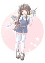 Rule 34 | 1girl, :d, aaoi, artist name, black hair, blue dress, brown eyes, dated, dress, full body, gloves, grey background, hair ribbon, highres, holding, holding turret, kantai collection, looking at viewer, mary janes, open mouth, ribbon, sailor collar, shirt, shoes, short hair, sidelocks, smile, solo, thighhighs, turret, twitter username, ukuru (kancolle), white gloves, white shirt, white thighhighs, yellow ribbon