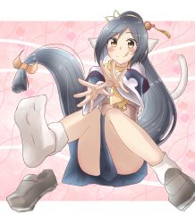 Rule 34 | 1girl, absurdly long hair, absurdres, ainu clothes, animal ears, aquaplus, bare legs, black hair, blush, brown eyes, cat tail, feet, full body, gradient eyes, hair between eyes, hair ornament, high ponytail, highres, kuon (utawarerumono), layered sleeves, licking, licking lips, long hair, long sleeves, looking at viewer, low-tied long hair, multicolored eyes, nike abc, ponytail, raised eyebrows, sash, scarf, shoes, unworn shoes, sidelocks, socks, solo, swept bangs, tail, thick thighs, thighs, tongue, tongue out, utawarerumono, utawarerumono: itsuwari no kamen, variations, very long hair, white tail, wide sleeves, yellow eyes, yellow scarf