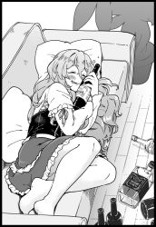 Rule 34 | 1girl, alcohol, blush, border, bottle, closed eyes, couch, cushion, drooling, drunk, frilled skirt, frills, fujinoki (horonabe-ken), greyscale, hair between eyes, holding, holding bottle, kantai collection, long hair, long sleeves, lying, monochrome, on side, open mouth, pantyhose, plant, pola (kancolle), potted plant, saliva, skirt, sleeping, solo, whiskey