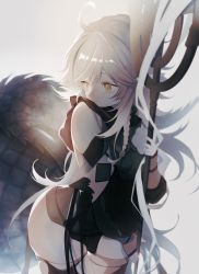 Rule 34 | 1girl, ahoge, arknights, asymmetrical hair, black dress, black hair, black thighhighs, braid, breasts, closed mouth, commentary, cowboy shot, crocodilian tail, detached sleeves, dress, expressionless, eyelashes, female focus, goggles, goggles around neck, grey background, hair between eyes, highres, holding, holding staff, hooded dress, large tail, light, long hair, multicolored hair, orange eyes, short dress, side braid, silver hair, simple background, single braid, skindentation, small breasts, solo, staff, streaked hair, tail, thighhighs, thighs, tomimi (arknights), torn clothes, torn thighhighs, two-tone hair, wide hips, yohhiie