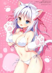 Rule 34 | 1girl, absurdres, aina rive, animal ear fluff, animal ears, animal hands, antenna hair, bare shoulders, bikini, blue eyes, bow, bowtie, breasts, cat ears, cat girl, cat tail, cleavage, collarbone, cowboy shot, front-tie bikini top, front-tie top, gloves, groin, hair intakes, hair ribbon, halterneck, hands up, heterochromia, highres, large breasts, long hair, looking at viewer, mauve, navel, open mouth, orange eyes, original, paw gloves, red ribbon, ribbon, scan, shadow, side-tie bikini bottom, smile, solo, standing, stomach, strap gap, swimsuit, tail, thighs, white bikini, white hair