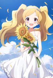 Rule 34 | 1girl, absurdres, bare shoulders, blonde hair, blue sky, blush, breasts, buchi (y0u0ri ), collarbone, contrail, day, dot nose, dress, emily stewart, falling petals, flower, frilled dress, frills, hairband, highres, holding, holding flower, idolmaster, idolmaster million live!, idolmaster million live! theater days, long hair, looking at viewer, open mouth, outdoors, petals, purple eyes, sky, sleeveless, sleeveless dress, small breasts, smile, solo, sunflower, twintails, white dress, white hairband