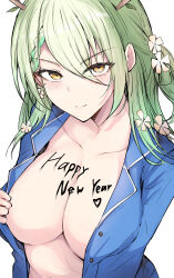 Rule 34 | 1girl, absurdres, antlers, blue shirt, body writing, braid, braided bangs, branch, breasts, ceres fauna, cleavage, closed mouth, collarbone, collared shirt, commentary, english commentary, english text, flashing, flower, green hair, hair flower, hair ornament, hair over one eye, happy new year, highres, hololive, hololive english, horns, large breasts, light blush, light smile, long hair, long sleeves, looking at viewer, mole, mole under eye, multicolored hair, navel, new year, no bra, open clothes, open shirt, sak1 01, shirt, sidelocks, simple background, smile, solo, streaked hair, virtual youtuber, white background, yellow eyes