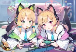 Rule 34 | 2girls, :o, animal ear headphones, animal ears, aqua bow, aqua necktie, barefoot, black legwear, blonde hair, blue archive, blurry, blurry background, blush, bow, breasts, cat ear headphones, cat tail, cellphone, commentary, controller, couch, eating, fake animal ears, food, green eyes, hair bow, halo, headphones, highres, holding, holding controller, jacket, jehyun, long sleeves, looking at viewer, lying, medium breasts, medium hair, midori (blue archive), momoi (blue archive), multiple girls, necktie, no shoes, on stomach, open mouth, panties, phone, pink bow, playing games, pleated skirt, polka dot, polka dot panties, red eyes, school uniform, shirt, shorts, siblings, sisters, skirt, small breasts, smartphone, sweatdrop, tail, thighhighs, twins, underwear, white shirt