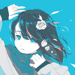 Rule 34 | 1girl, absurdres, arm up, black hair, blue background, blue eyes, blue theme, commentary request, earrings, flower earrings, flower ornament, hair ornament, hand up, highres, jewelry, limited palette, long sleeves, looking at viewer, medium hair, nocopyrightgirl, original, parted lips, portrait, scarf, simple background, solo, swept bangs