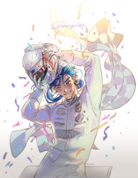 Rule 34 | 1boy, alternate costume, blue hair, blush, celebration, chaldea logo, confetti, cu chulainn (fate), cu chulainn (fate/stay night), driver (kamen rider), earrings, english text, fate/grand order, fate/stay night, fate (series), floating hair, g0ringo, gloves, grin, helmet, highres, jewelry, long hair, male focus, one eye closed, ponytail, red eyes, removing helmet, simple background, smile, solo, sweat