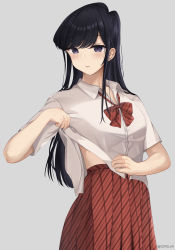Rule 34 | 1girl, absurdres, artist name, black eyes, black hair, bow, bowtie, cepelav, clothes lift, collared shirt, grey background, highres, holding, holding clothes, holding shirt, komi-san wa komyushou desu, komi shouko, long hair, looking at viewer, pleated skirt, red bow, red bowtie, red skirt, school uniform, shirt, short sleeves, simple background, skirt, solo, striped clothes, striped skirt, twitter username, undressing, uniform, white shirt