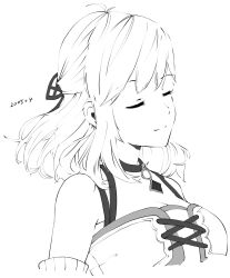Rule 34 | 1girl, absurdres, breasts, cleavage, closed mouth, collar, dated, detached sleeves, fiora (xenoblade), greyscale, hair ribbon, highres, long hair, medium breasts, monochrome, ribbon, risumi (taka-fallcherryblossom), simple background, smile, solo, white background, xenoblade chronicles (series), xenoblade chronicles 1