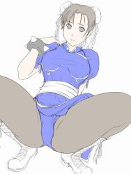 Rule 34 | 1girl, boots, bracelet, brown pantyhose, capcom, china dress, chinese clothes, chun-li, dress, eau, flat color, jewelry, pantyhose, pelvic curtain, solo, spiked bracelet, spikes, spread legs, squatting, street fighter, thick thighs, thighs