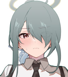 Rule 34 | 1girl, arito arayuru, black eyes, black necktie, blue archive, blush, braid, closed mouth, green halo, grey hair, hair ornament, hair over one eye, hair stick, halo, highres, long hair, looking at viewer, mina (blue archive), necktie, portrait, shirt, simple background, solo, suspenders, sweatdrop, white background, white shirt