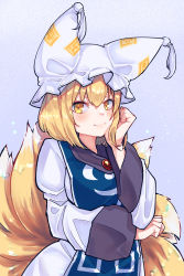 Rule 34 | 1girl, animal ears, animal hat, arm under breasts, blonde hair, blush, breasts, dress, eyebrows hidden by hair, fox ears, fox tail, hand on own cheek, hand on own face, hat, highres, large breasts, blue background, mob cap, multiple tails, mob cap, short hair, simple background, smile, solo, tabard, tail, toluda, touhou, upper body, white dress, yakumo ran, yellow eyes