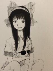 Rule 34 | 1girl, ainu clothes, black hair, breasts, character doll, duck king, fatal fury, hair ribbon, highres, hugging doll, hugging object, legs, long hair, looking at viewer, mohawk, monochrome, nakoruru, open mouth, ribbon, samurai spirits, sitting, small breasts, smile, snk, solo, stuffed toy, sunglasses, the king of fighters, thighs, traditional media