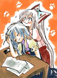 Rule 34 | 2girls, :3, blue hair, blush, bow, calligraphy brush, collared shirt, commentary request, dress, fujiwara no mokou, hair bow, hands on another&#039;s shoulders, head on hand, highres, kamishirasawa keine, komaku juushoku, leaning on person, multiple girls, paintbrush, paw print, puffy short sleeves, puffy sleeves, shirt, short sleeves, sitting, table, touhou, white hair