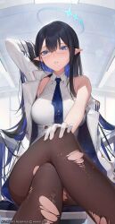 Rule 34 | 1girl, absurdres, armband, black hair, black pantyhose, blue archive, blue armband, blue eyes, blue hair, blue halo, blue necktie, blush, breasts, coat, collared shirt, colored inner hair, crossed legs, feet out of frame, glasses, gloves, halo, highres, large breasts, long hair, monosucre, multicolored hair, necktie, pantyhose, pointy ears, rin (blue archive), round eyewear, shirt, sleeveless, sleeveless shirt, solo, torn clothes, torn pantyhose, twitter username, white coat, white gloves, white shirt