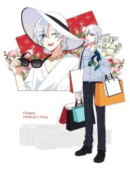 Rule 34 | 1boy, 1girl, bag, blue eyes, bob cut, earrings, ezalia joule, flower, gundam, gundam seed, gundam seed freedom, happy mother&#039;s day, hat, jewelry, mother&#039;s day, mother and son, necklace, one eye closed, open mouth, pants, shirt, short hair, smile, ss ii kk, sunglasses, white hair, yzak joule