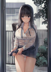 Rule 34 | 1girl, absurdres, bag, black hair, blouse, blue skirt, blush, breasts, cleavage, collared shirt, cowboy shot, crossed bangs, highres, large breasts, liya, long hair, long sleeves, original, outdoors, panties, parted lips, pleated skirt, rain, shirt, shirt tucked in, skirt, solo, standing, thighs, underwear, wet, wet clothes, white panties, white shirt, wringing clothes, wringing skirt