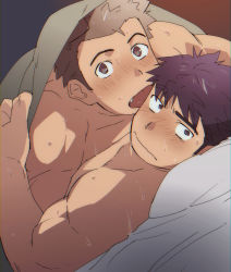 Rule 34 | 2boys, bad id, bad pixiv id, bara, bed, bed sheet, blanket, blush, brown eyes, brown hair, couple, implied sex, implied yaoi, licking another&#039;s face, male focus, multiple boys, muscular, naked sheet, original, pectoral docking, pectoral press, pectorals, pillow, purple eyes, sagami jon, shared blanket, sheet grab, short hair, sweat, tongue, tongue out, under covers, upper body, yaoi