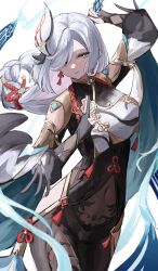 Rule 34 | 1girl, absurdres, black gloves, bodysuit, braid, bridal gauntlets, closed mouth, clothing cutout, commentary request, covered navel, earrings, facing viewer, genshin impact, gloves, green eyes, grey hair, hair over one eye, hand up, highres, hip vent, holding, jewelry, light blush, long hair, looking down, low-braided long hair, low-tied long hair, one eye covered, partially fingerless gloves, ponytail, shenhe (genshin impact), shiro wa (shiroshironix), simple background, single braid, skin tight, solo, tassel, tassel earrings, upper body, white background