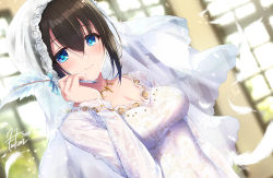 Rule 34 | 1girl, blue eyes, blurry, blurry background, blush, breasts, bridal veil, bride, cleavage, commentary request, day, dress, feathers, fukai ryosuke, hair between eyes, hair up, holding, holding pen, idolmaster, idolmaster cinderella girls, indoors, jewelry, long hair, looking at viewer, medium breasts, necklace, pen, sagisawa fumika, sidelocks, signature, smile, solo, veil, wedding dress, window