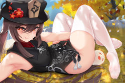 Rule 34 | 1girl, armpits, bare shoulders, black hat, blush, bottomless, breasts, brown hair, china dress, chinese clothes, dress, feet, flower, genshin impact, ghost, hat, highres, hu tao (genshin impact), licking lips, long hair, looking at viewer, medium breasts, mixed-language commentary, nekoda (maoda), red eyes, skindentation, sleeveless, sleeveless dress, smile, soles, solo, symbol-shaped pupils, thighhighs, thighs, toes, tongue, tongue out, very long hair, white thighhighs