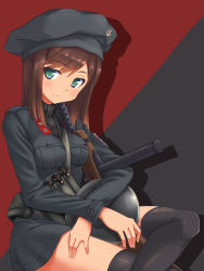Rule 34 | 1girl, a9b (louis814), beretta model 38, brown hair, cartridge, federica n. doglio, green eyes, gun, hat, helmet, highres, italy, long hair, looking at viewer, magazine (weapon), military, military uniform, sitting, smile, solo, strike witches, submachine gun, thighhighs, uniform, weapon, world witches series