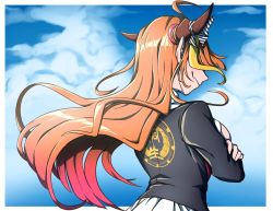 Rule 34 | 1girl, ahoge, black jacket, blonde hair, blue sky, border, bow, breasts, cleavage cutout, clothing cutout, cloud, cloudy sky, commentary, commentary request, crossed arms, day, diagonal-striped bow, dragon girl, dragon horns, emblem, english commentary, fang, floating hair, from behind, hololive, horn bow, horn ornament, horns, jacket, kiryu coco, kiryu coco (1st costume), long hair, mefomefo, mixed-language commentary, multicolored hair, orange hair, outdoors, outside border, pointy ears, shirt, sidelocks, skin fang, sky, smile, solo, streaked hair, striped, striped bow, upper body, virtual youtuber, white border, white shirt, wind