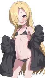 Rule 34 | 1girl, alternate hair length, alternate hairstyle, bare shoulders, bikini, black bikini, black jacket, blonde hair, blush, breasts, clothes down, commentary, cowboy shot, ear piercing, fang, hair over one eye, halulu, highres, idolmaster, idolmaster cinderella girls, jacket, long hair, looking at viewer, navel, one eye covered, open clothes, open jacket, open mouth, piercing, red eyes, ribs, shirasaka koume, simple background, sleeves past fingers, sleeves past wrists, small breasts, smile, solo, standing, stomach, swimsuit, symbol-only commentary, white background