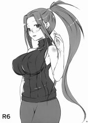 Rule 34 | 1girl, absurdres, bare shoulders, breasts, covered erect nipples, fate/stay night, fate (series), glasses, greyscale, highres, large breasts, long hair, medusa (fate), medusa (rider) (fate), monochrome, ponytail, ribbed sweater, sleeveless, sleeveless turtleneck, solo, square pupils, sweater, turtleneck, zanku