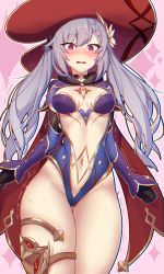 Rule 34 | 1girl, breasts, cape, chromatic aberration, cosplay, dev (dev0614), embarrassed, gem (symbol), genshin impact, hat, highres, keqing (genshin impact), leotard, looking at viewer, medium breasts, mona (genshin impact), mona (genshin impact) (cosplay), purple eyes, purple hair, purple headwear, purple leotard, red cape, revealing clothes, simple background, thick thighs, thighlet, thighs, twintails, witch hat