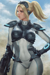 Rule 34 | 1girl, 2018, armor, artist name, blonde hair, blue sky, bodysuit, boobplate, breastplate, breasts, cloud, commentary, covered navel, cowboy shot, english commentary, floating hair, goggles, goggles on head, green eyes, grey bodysuit, gun, hand on own hip, highres, holding, holding gun, holding weapon, large breasts, lips, looking away, looking to the side, makeup, mascara, medium hair, nose, nova (starcraft), outdoors, parted lips, ponytail, realistic, sciamano240, short ponytail, shoulder armor, sidelocks, signature, sky, solo, standing, starcraft, weapon, wind