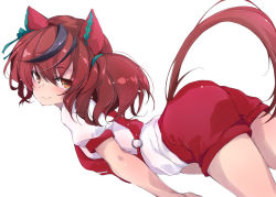 Rule 34 | 1girl, animal ears, ass, bent over, brown eyes, commentary request, ear covers, gym shirt, gym shorts, horse ears, horse girl, horse tail, long hair, looking at viewer, multicolored hair, nice nature (umamusume), red eyes, shirt, short sleeves, shorts, solo, streaked hair, tail, thighs, twintails, umamusume, white background, yumesato makura