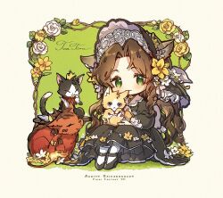 Rule 34 | 1girl, aerith gainsborough, alternate costume, animal, animal ears, back bow, black dress, black footwear, bonnet, bow, brown hair, cait sith (ff7), cape, cat, cat ears, character name, chibi, closed mouth, crown, dress, final fantasy, final fantasy vii, flower, frilled bonnet, full body, gloves, green background, green eyes, hair flower, hair ornament, holding, holding animal, holding cat, kieta, long dress, long hair, looking at viewer, mini crown, parted bangs, red cape, red xiii, scar, scar across eye, scratching head, sidelocks, sitting, smile, socks, strappy heels, very long hair, wavy hair, white flower, white gloves, white socks, yellow flower