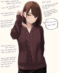 Rule 34 | 1girl, absurdres, alternate language, aran sweater, black pants, bob cut, brown background, brown eyes, brown hair, brown sweater, cable knit, closed mouth, collarbone, english text, hair behind ear, tucking hair, hand up, highres, kapatarou, long sleeves, looking at viewer, nail polish, original, pants, red nails, simple background, sleeves past wrists, smile, solo, speech bubble, sweater, thick eyebrows