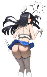 Rule 34 | !, 1girl, ass, backless outfit, blue skirt, blush, breasts, chela77, from behind, gloves, hat, highleg, highleg panties, highres, invincible dragon (last origin), large breasts, last origin, long hair, open mouth, panties, partially visible vulva, pleated skirt, simple background, skirt, skirt flip, solo, spoken exclamation mark, thighhighs, thong, underwear, white background, white gloves, white hat, white panties, white thighhighs