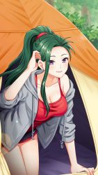 Rule 34 | 1girl, adjusting hair, black shorts, breasts, camping, cleavage, closed mouth, collarbone, day, doukyuusei another world, earrings, game cg, green hair, grey jacket, hair intakes, hair ornament, hood, hooded jacket, jacket, jewelry, kakyuusei, kneeling, large breasts, leaning forward, lens flare, long hair, long sleeves, mitsuki shizuka, official art, open clothes, open jacket, outdoors, ponytail, purple eyes, red shirt, shirt, short shorts, shorts, sleeveless, sleeveless shirt, smile, solo, tent, very long hair