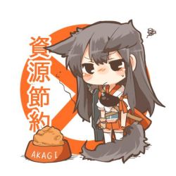 Rule 34 | 10s, 1girl, akagi (kancolle), animal ears, arrow (projectile), bad id, bad twitter id, bauxite, blush, bowl, brown eyes, brown hair, character name, chibi, dog ears, dog tail, flight deck, hakama, hakama short skirt, hakama skirt, japanese clothes, kantai collection, kemonomimi mode, long hair, lowres, muneate, personification, pet bowl, plate, quiver, rebecca (keinelove), short hair, side ponytail, skirt, solo, tail, thighhighs, white thighhighs